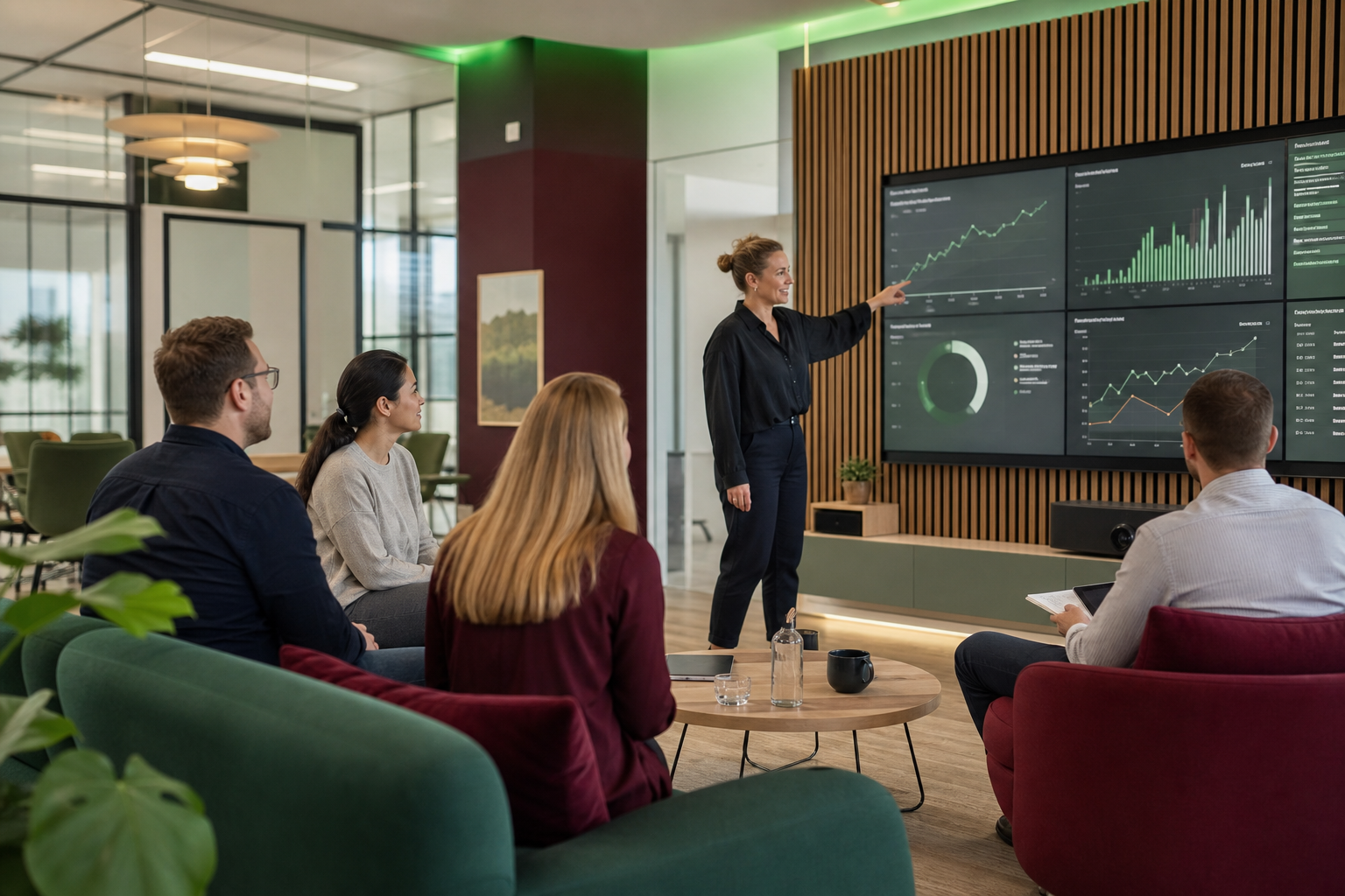 Modern IT marketing workspace with data analytics displays
