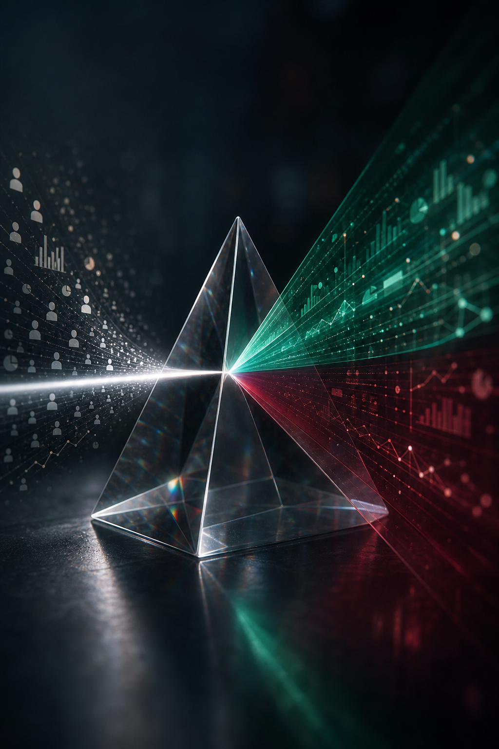 Prism refracting marketing funnel data into colored light beams