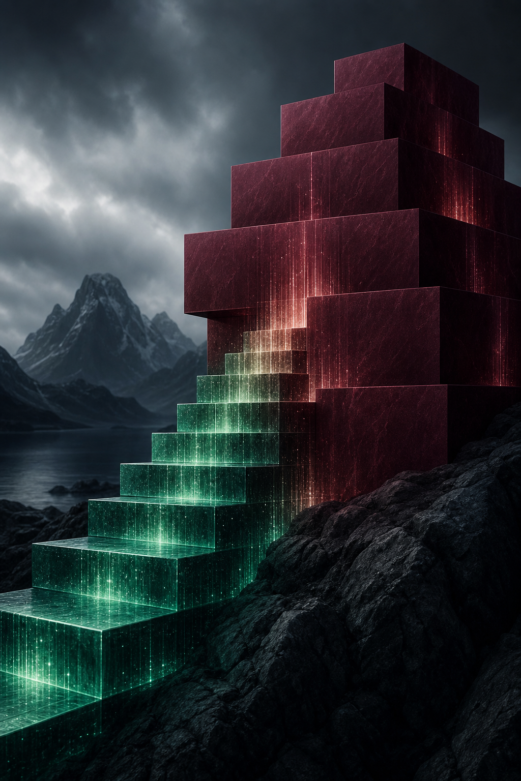 Ascending data layers symbolizing marketing knowledge transfer and sustainable scale
