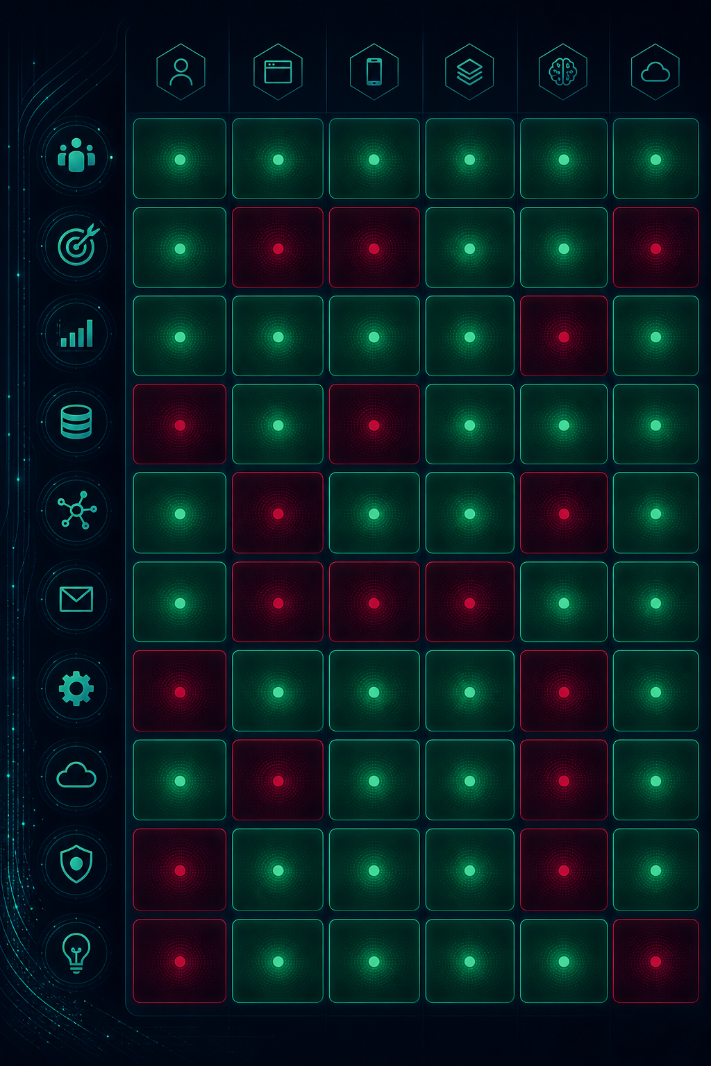 Technology capability matrix with glowing performance cells